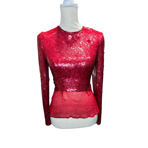 VICTOR COSTA Tops - Women's Victor Costa Red Sequin Long Sleeve Blouse size 8